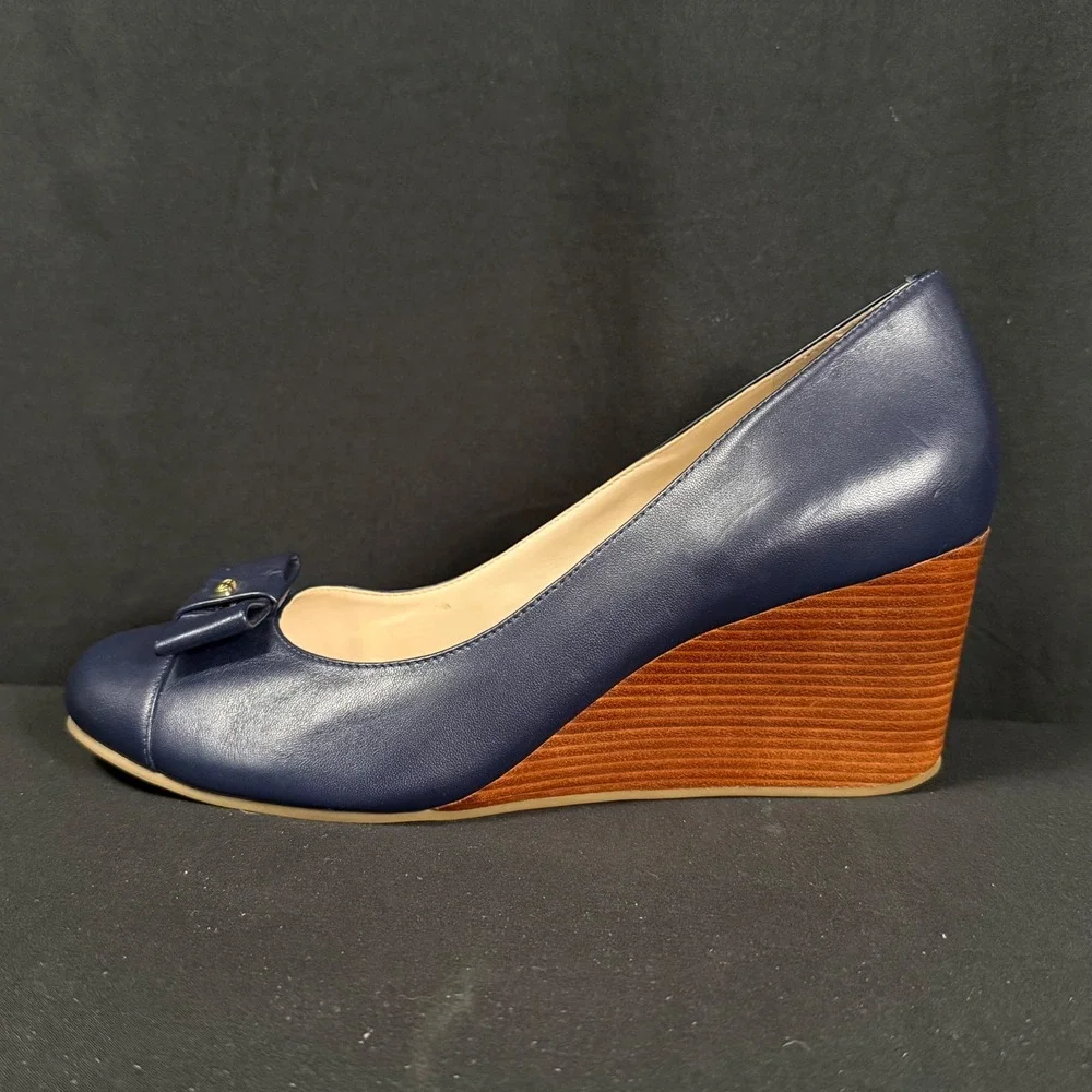 Cole Haan Adair Navy Blue Leather Bow Wedge Pumps Shoes Grand.OS W13162 Women 9B